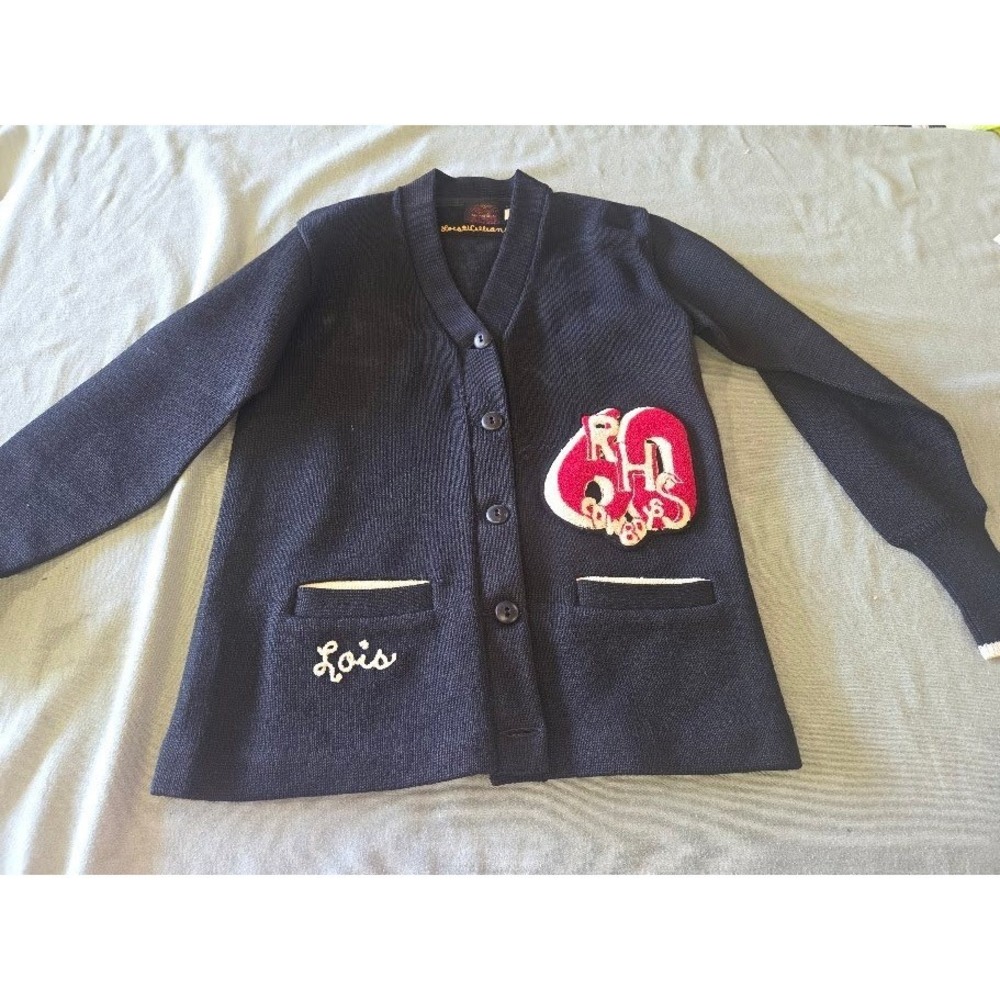 Vintage Kandel All National 100% Virgin Wool Letterman Cardigan Sweater Black RH